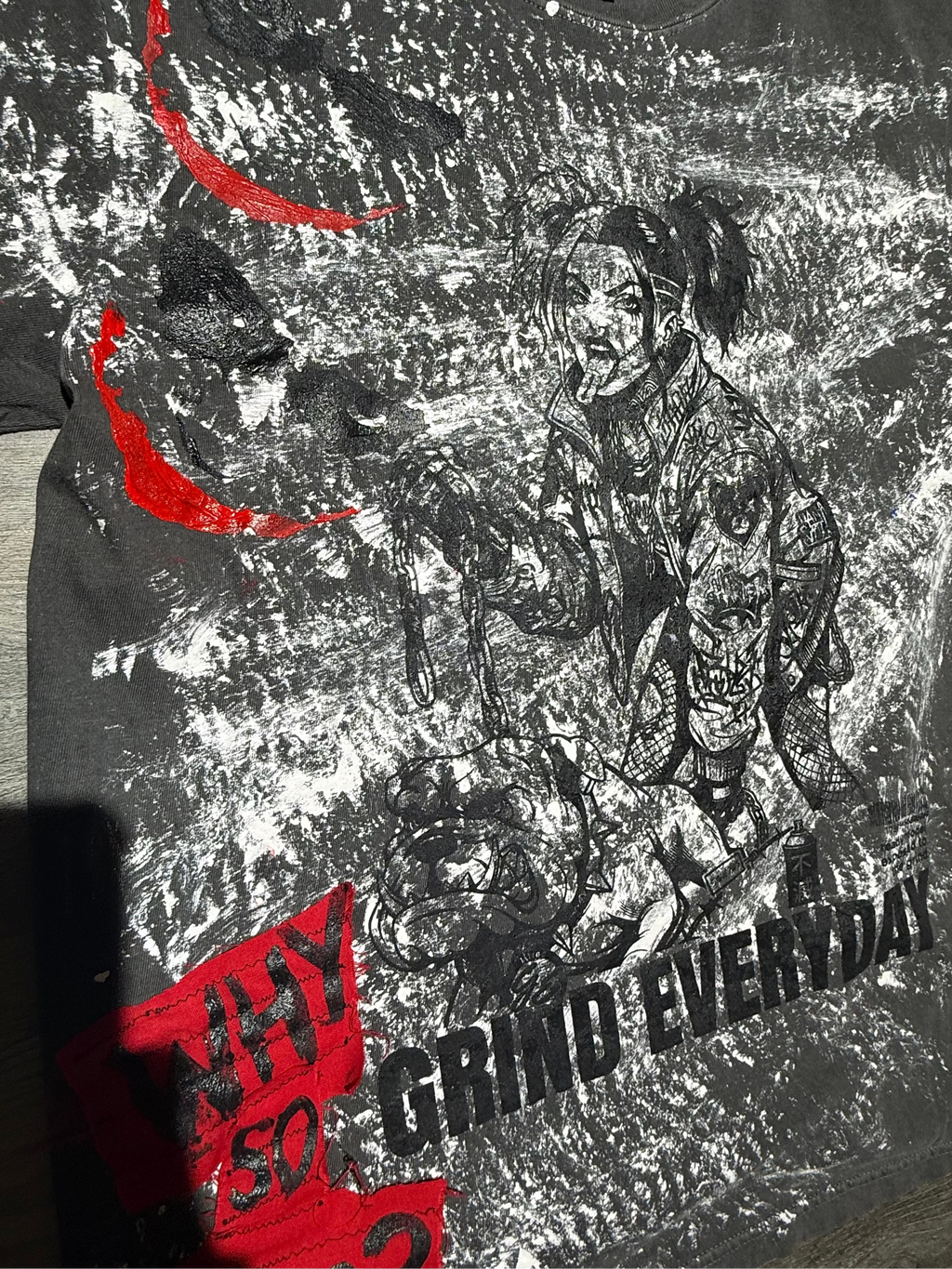 "why so serious" grey acid wash tee